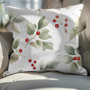 Holly and Berries Christmas Pattern Throw Pillow