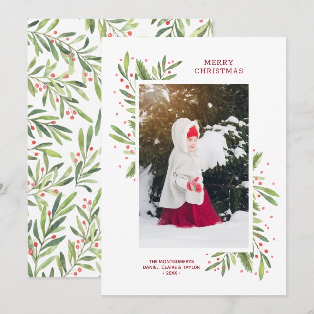 Holly and Berries Christmas Photo Holiday Card (Front/Back)
