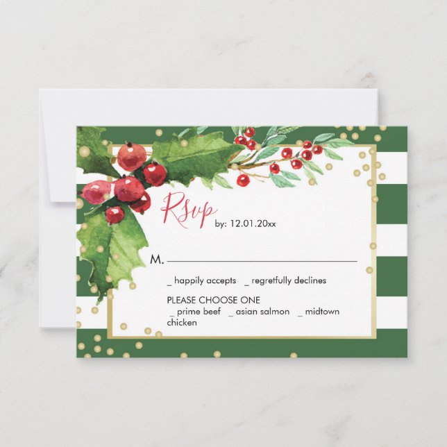 Holly and Berries Green Holiday Function RSVP Card (Front)
