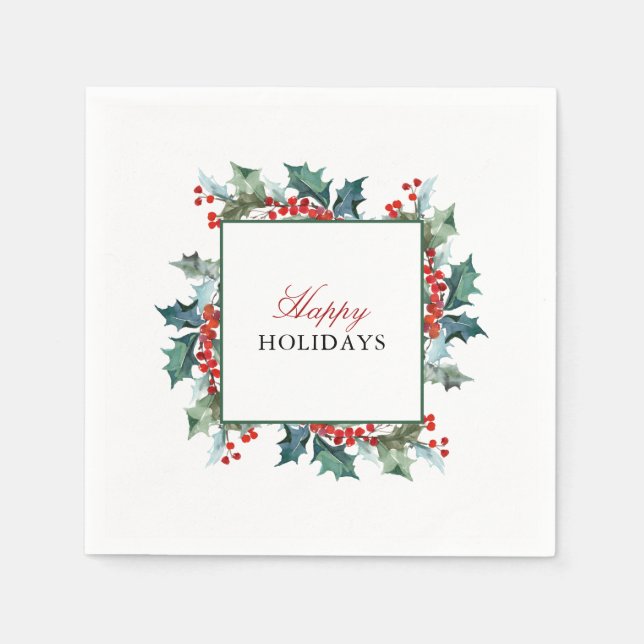 Holly and Berries Happy Holidays Napkin (Front)