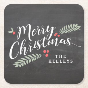 Holly and Berries Merry Christmas Personalized Square Paper Coaster