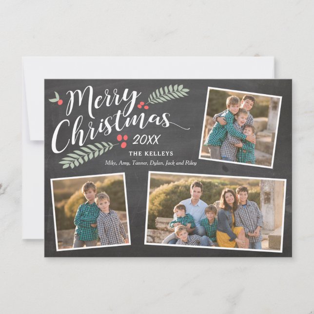 Holly and Berries Merry Christmas Three Photo Holiday Card (Front)