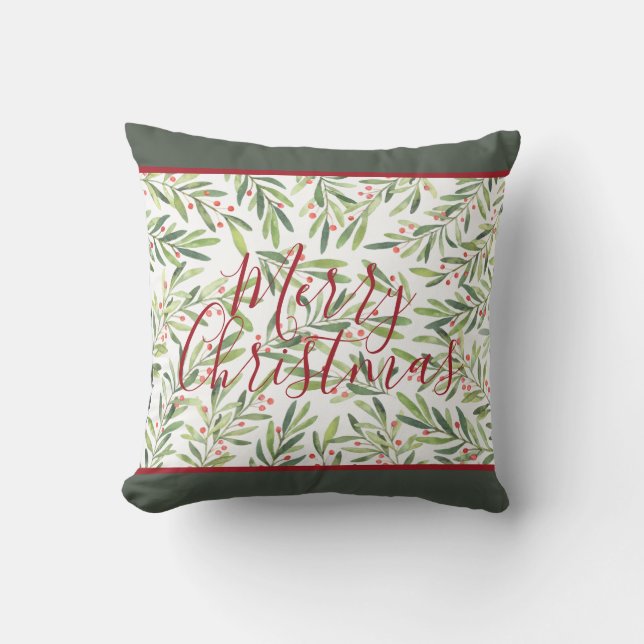 Holly and Berries Merry Christmas Throw Pillow (Front)