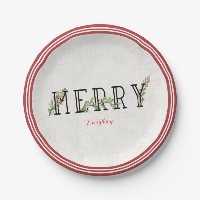 Holly And Berries Merry Everything  Red Edge   Paper Plate (Front)