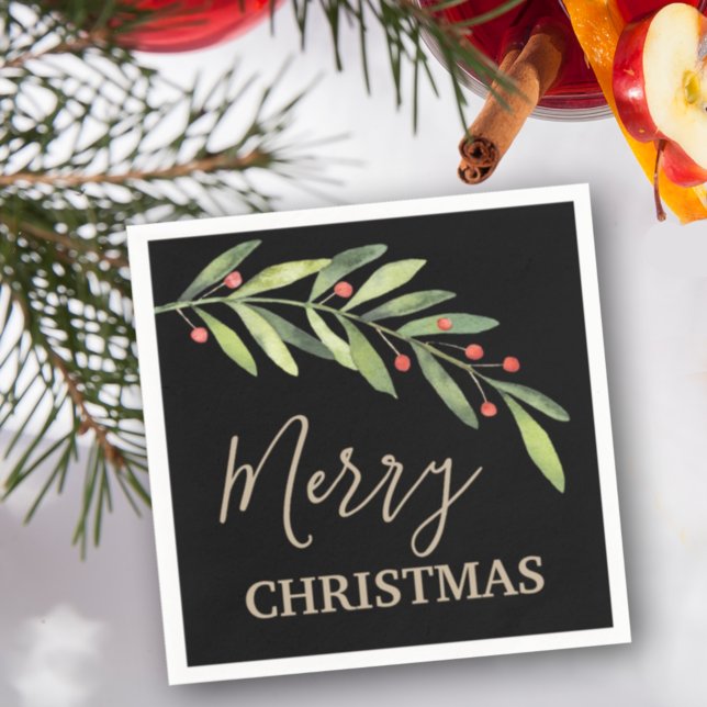 Holly and Berries on Black Merry Christmas Napkin (Creator Uploaded)