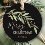 Holly and Berries on Black Merry Christmas Round Favour Tags<br><div class="desc">Make your own gift tags / party favour tags with these personalized labels featuring modern, elegant holly and berries with your message in chic lettering in any colour and on any colour background. All text, fonts and font colours can be modified, just click the "customize further" link and use our...</div>