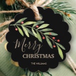 Holly and Berries on Black Merry Christmas Scallop Favour Tags<br><div class="desc">Make your own gift tags / party favour tags with these personalized labels featuring modern, elegant holly and berries with your message in chic lettering in any colour and on any colour background. All text, fonts and font colours can be modified, just click the "customize further" link and use our...</div>