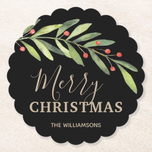 Holly and Berries on Black Merry Christmas Scallop Paper Coaster