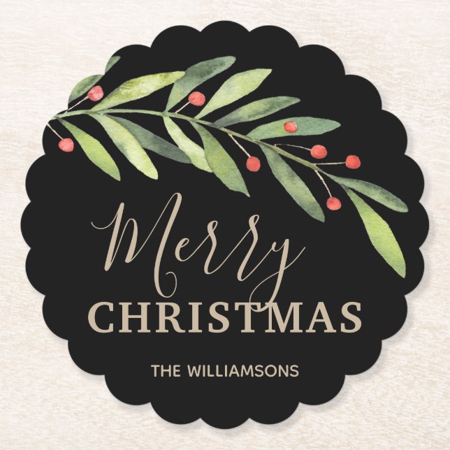 Holly and Berries on Black Merry Christmas Scallop Paper Coaster (Front)
