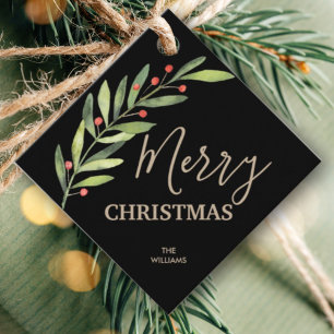 Holly and Berries on Black Merry Christmas Square Favour Tags