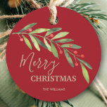 Holly and Berries on Red Merry Christmas Round Favour Tags<br><div class="desc">Make your own gift tags / party favour tags with these personalized labels featuring modern, elegant holly and berries with your message in chic lettering in any colour and on any colour background. All text, fonts and font colours can be modified, just click the "customize further" link and use our...</div>