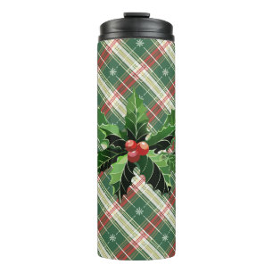 Holly and Berries on White N Green Christmas Plaid Thermal Tumbler