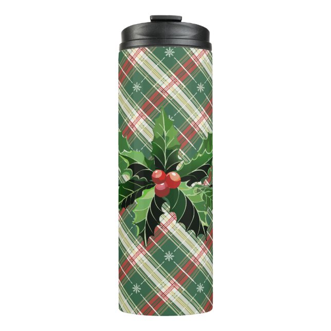 Holly and Berries on White N Green Christmas Plaid Thermal Tumbler (Front)