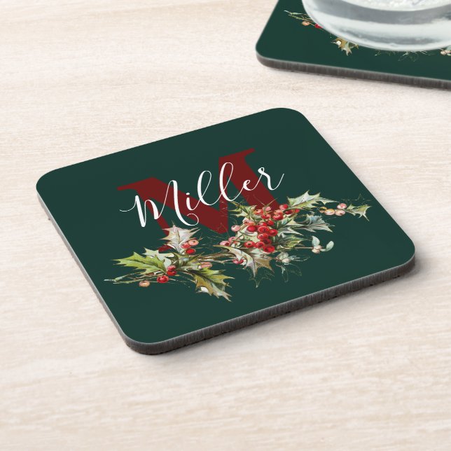 Holly and berries personalized  beverage coaster (Left Side)