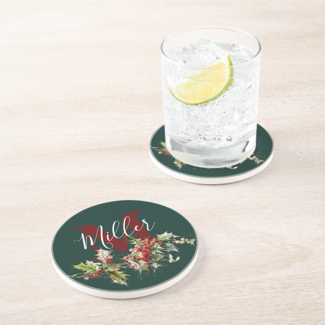 Holly and berries personalized  coaster (Side)