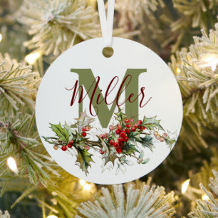 Holly and berries personalized metal ornament