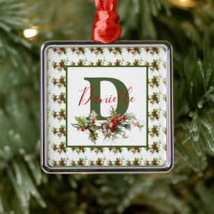 Holly and berries personalized metal ornament
