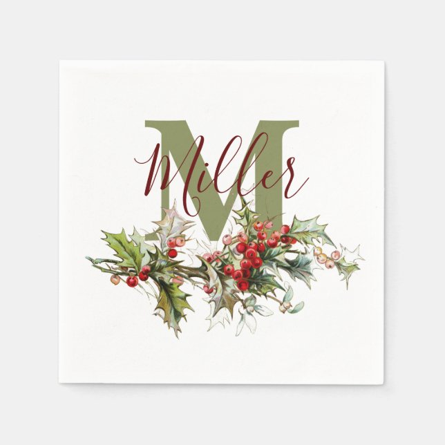 Holly and berries personalized  napkin (Front)