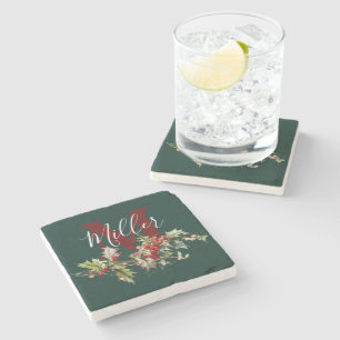 Holly and berries personalized stone coaster