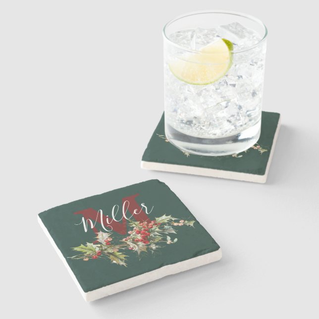 Holly and berries personalized  stone coaster (Side)