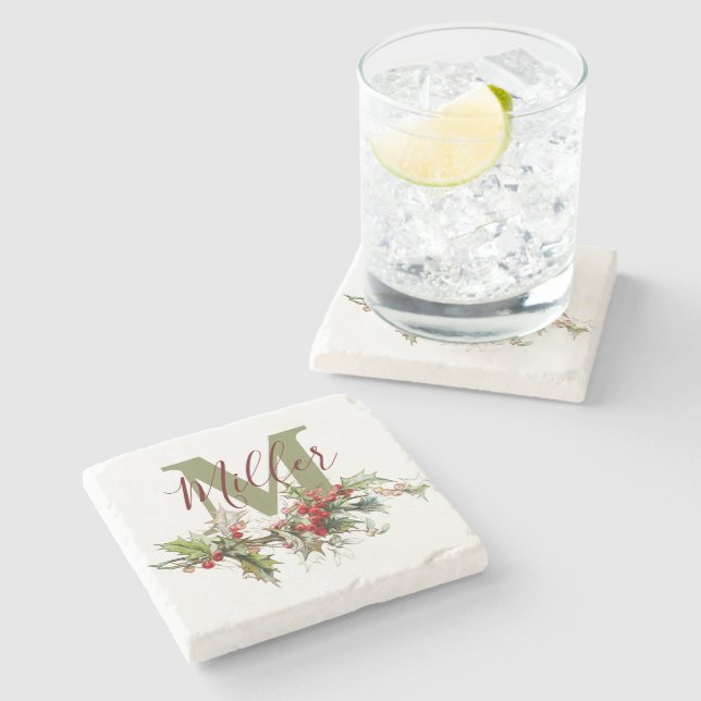 Holly and berries personalized  stone coaster (Side)