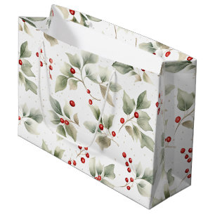 Holly and Berries Watercolor Style Pattern Large Gift Bag