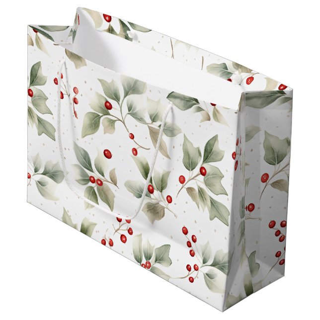 Holly and Berries Watercolor Style Pattern Large Gift Bag (Front Angled)