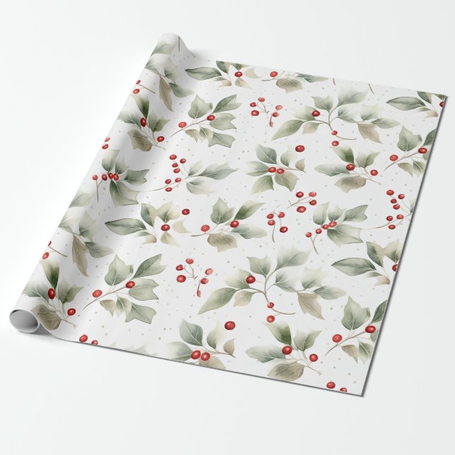 Holly and Berries Watercolor Wrapping Paper (Unrolled)