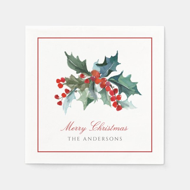 Holly and Berries with Family Name Christmas Napkin (Front)