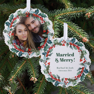 Holly and Berries Wreath Married and Merry Photo Ornament Card