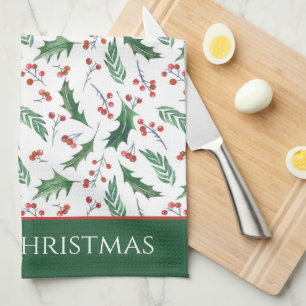 Holly and Berry Christmas Pattern  Kitchen Towel