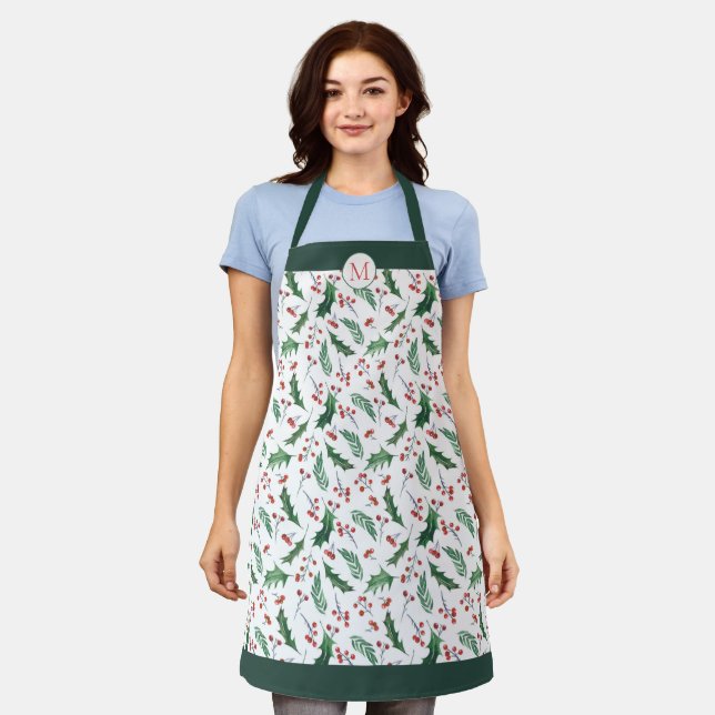 Holly and Berry Christmas Pattern Monogram Apron (Worn)