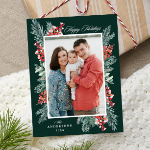 Holly and Evergreen Happy Holidays Photo Holiday Postcard