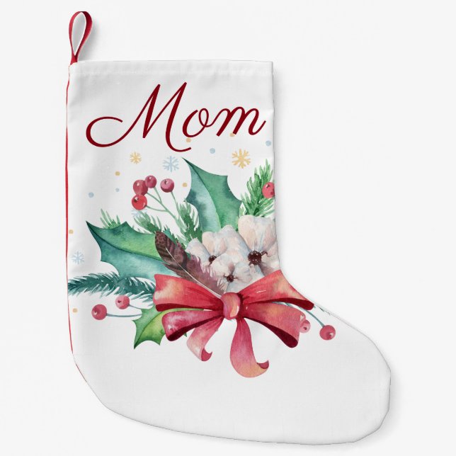 Holly and Feathers Bouquet Customizable Small Christmas Stocking (Front)