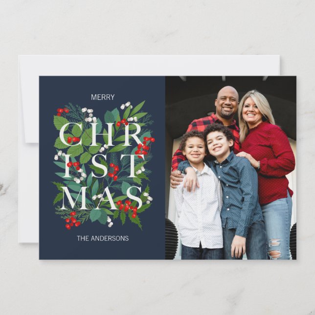 Holly And Greenery Merry Christmas Photo Holiday Card (Front)