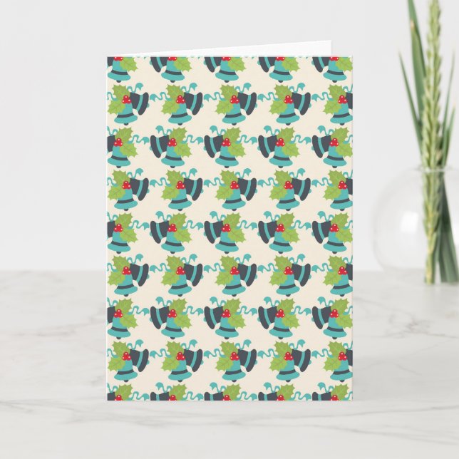 Holly and Jingle Bells Retro Christmas Pattern Holiday Card (Front)