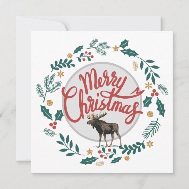 Holly And Leaf Circle Moose Christmas Holiday Card (Front)