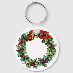 Holly and Mistletoe Christmas Wreath w/red Ribbon Keychain