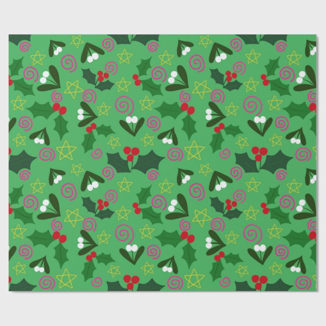 Holly and Mistletoe Holiday Wrapping Paper (Flat)