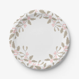 Holly and Mistletoe Wreath Paper Plate blush pink