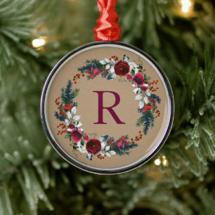 Holly and Pine Christmas Wreath Monogram Metal Ornament