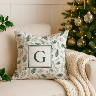 Holly and Pine Monogram Holiday Throw Pillow