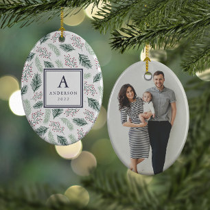 Holly and Pine Monogram & Photo Double Sided Ceramic Ornament