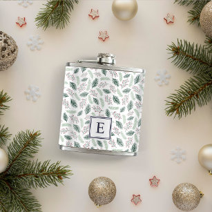 Holly and Pine Monogrammed Christmas Hip Flask