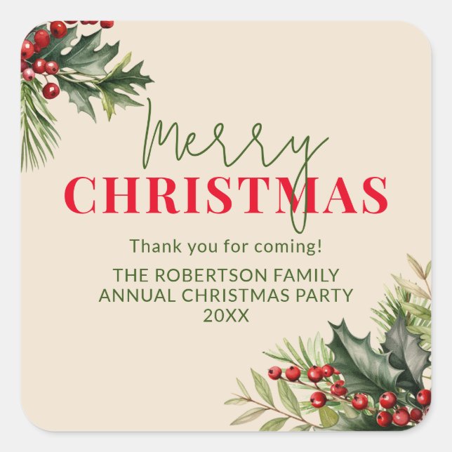 Holly and Pine on Beige Christmas Party Favours Square Sticker (Front)