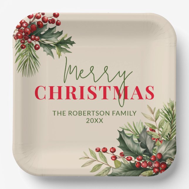 Holly and Pine on Beige Christmas Party Paper Plate (Front)