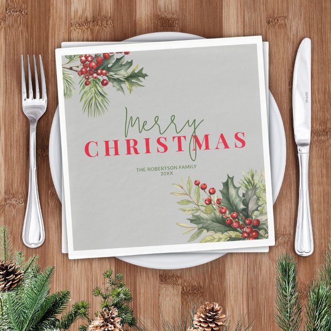 Holly and Pine on Grey Christmas Party Napkin (Creator Uploaded)