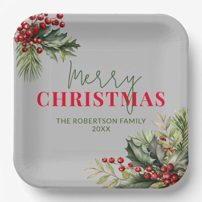 Holly and Pine on Grey Christmas Party Paper Plate (Front)
