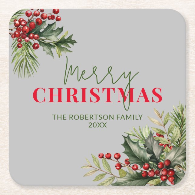 Holly and Pine on Grey Christmas Party Square Paper Coaster (Front)