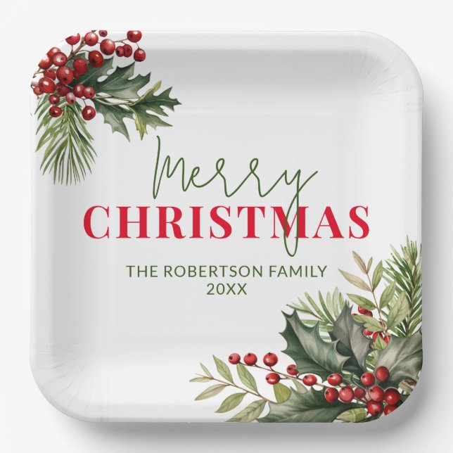 Holly and Pine on White Christmas Party Paper Plate (Front)